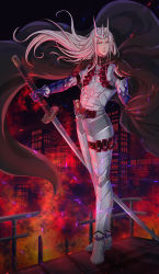 absurdres armor black_cloak blue_fire blue_gloves cityscape cloak crown embers final_fantasy final_fantasy_vii fire flame_print floating_embers gaia_memory gloves green_eyes highres holding holding_sword holding_weapon kamen_rider kamen_rider_eternal kamen_rider_w katana lei_shen masamune_(ff7) ootachi sephiroth smirk sword usb weapon white_armor white_hair