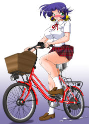 10s 1girl anal ass bicycle bike_dildo blush breasts cum cum_on_ass cum_on_body cum_on_lower_body dildo female_focus gradient_background green_eyes highres huge_breasts huge_dildo large_breasts large_insertion looking_at_viewer ma_renka miniskirt no_panties object_insertion purple_hair saliva sex_toy shijou_saikyou_no_deshi_ken&#039;ichi short_hair simple_background sitting skirt solo tears usso