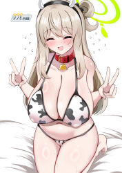 1girl :d ^_^ absurdres animal_print bare_shoulders barefoot bell bikini blonde_hair blue_archive blush breasts closed_eyes collar covered_erect_nipples cow_horns cow_print cow_print_bikini double_v fake_horns flying_sweatdrops halo highres horns kokihanada large_breasts long_hair navel neck_bell nonomi_(blue_archive) open_mouth print_bikini seiza sitting smile solo swimsuit v