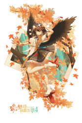 Rule 34 | 1girl, absurdres, autumn, autumn leaves, bird wings, black ribbon, breasts, brown hair, brown wings, camera, chinese commentary, chinese text, closed mouth, collared shirt, commentary request, falling leaves, feathered wings, frilled skirt, frills, full body, geta, hat, hauchiwa, highres, holding, holding camera, leaf, leaf print, leg up, looking at viewer, maple leaf, maple leaf print, minuo, multicolored shirt, multicolored skirt, neck ribbon, pom pom (clothes), puffy short sleeves, puffy sleeves, red eyes, red hat, red sandals, ribbon, ribbon-trimmed skirt, ribbon trim, sandals, shameimaru aya, shirt, short sleeves, skirt, smile, socks, solo, tengu-geta, tokin hat, touhou, translation request, white shirt, white socks, wings