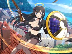 1girl black_hair blue_eyes breasts day fighting gun hair_ornament halo house kunai lake large_breasts long_hair navel official_art pantyhose rifle rooftop ryouki_(senran_kagura) senran_kagura senran_kagura_new_link shield torn_clothes torn_pantyhose tree water weapon wind