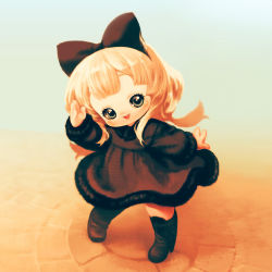 Rule 34 | 1girl, bad id, bad pixiv id, blonde hair, boots, bow, dress, grey eyes, hair bow, open mouth, original, souri, waving