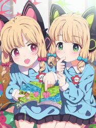 2girls aged_down animal_ear_headphones animal_ears black_skirt blonde_hair blue_archive blue_shirt book cat_ear_headphones cat_ears fake_animal_ears finger_in_own_mouth green_eyes green_halo halo headphones highres holding holding_book long_sleeves midori_(blue_archive) mikoshi_(user_wvyd4348) miniskirt momoi_(blue_archive) multiple_girls name_tag open_mouth pink_eyes pink_halo pleated_skirt puffy_long_sleeves puffy_sleeves shirt siblings sisters skirt teeth twins upper_teeth_only