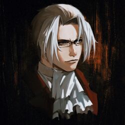 1boy ace_attorney bad_id bad_pixiv_id black_background glasses grey_hair highres miles_edgeworth raycrodu_h red_suit solo solo_focus suit