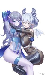 Rule 34 | 2girls, absurdres, arm behind head, bikini, black bikini, black bodysuit, blue eyes, blue one-piece swimsuit, bodysuit, breasts, colored skin, covered erect nipples, cowboy shot, demon girl, demon horns, demon tail, demon wings, drill hair, duel monster, earrings, grey eyes, grey hair, grey leotard, highres, horns, hug, jewelry, kitkallos (yu-gi-oh!), large breasts, leotard, lovely labrynth of the silver castle, multiple girls, one-piece swimsuit, pointy ears, purple skin, rare lemon, simple background, sitting, swimsuit, tail, tearlaments kitkallos, torn bodysuit, torn clothes, torn leotard, twin drills, white background, white wings, wings, yu-gi-oh!, yuri