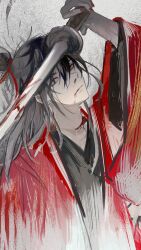 1boy aaawwwssslll arm_up black_eyes black_hair black_hanfu blood blood_on_face bloody_weapon chinese_clothes chinese_commentary closed_mouth coat dao_gui_yi_xian grey_background hair_between_eyes hair_bun hair_ribbon hanfu highres holding holding_sword holding_weapon li_huowang long_hair long_sleeves looking_at_viewer male_focus nail_polish nosebleed red_coat red_eyes red_nails red_ribbon ribbon scar scar_on_neck single_hair_bun solo sword upper_body weapon wide_sleeves