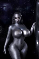 1girl bishoujomom bodypaint breasts cosplay curvy fantastic_four grey_hair highres holding holding_surfboard large_breasts long_hair looking_at_viewer makeup marvel marvel_cinematic_universe parted_lips photo_(medium) real_life revealing_clothes shiny_skin silver_surfer_(shalla-bal) silver_surfer_(shalla-bal)_(cosplay) standing surfboard wide_hips