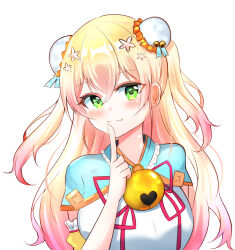 1girl blonde_hair blush double_bun dreamoon dress fang finger_to_own_chin gradient_hair green_eyes hair_bun highres hololive long_hair looking_at_viewer momosuzu_nene momosuzu_nene_(old_design) multicolored_hair pink_hair smile solo virtual_youtuber white_background white_dress