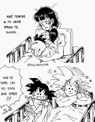 1girl 2boys :d baby bed blanket blush chi-chi_(dragon_ball) dragon_ball dragonball_z english_text ghost greyscale halo happy heart highres hospital_bed long_hair meme monochrome multiple_boys muscular muscular_male open_mouth pillow sheila96716588 sitting smile son_goku son_goten trembling