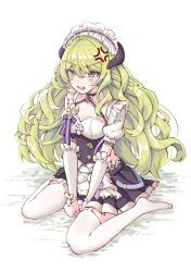 1girl alternate_costume anger_vein angry apron artist_request black_dress breasts cosplay dated dress earrings elysia_(honkai_impact) elysia_(honkai_impact)_(cosplay) elysia_(miss_pink)_(honkai_impact) elysia_(miss_pink_elf)_(honkai_impact) enmaided frilled_dress frilled_shirt_collar frilled_sleeves frills full_body green_eyes green_hair honkai_(series) honkai_impact_3rd jewelry long_hair looking_at_viewer maid maid_apron maid_headdress medium_breasts mobius_(honkai_impact) no_shoes open_mouth scowl seiza single_earring sitting slit_pupils soles solo source_request waist_apron wavy_hair white_apron white_background white_sleeves