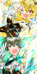 1boy 1girl \m/ absurdres aqua_eyes ascot black_vest blonde_hair blush bow bowtie character_request collar frilled_ascot frilled_collar frilled_neckerchief frilled_sleeves frilled_wrist_cuffs frills gloves green_bow green_bowtie green_hair hair_between_eyes highres idolmaster idolmaster_side-m kashiwagi_tsubasa nana_tetra one_eye_closed open_mouth red_eyes short_hair sparkle teeth upper_body vest white_gloves wrist_cuffs yellow_wrist_cuffs