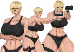 1girl blonde_hair breasts cleavage covered_erect_nipples curvy cyberboi gun handgun highres huge_breasts large_breasts nipples sergeant_calhoun sports_bra tamora_jean_calhoun thick_thighs thighs toned toned_female weapon white_background wreck-it_ralph
