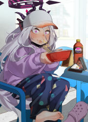 1girl @_@ absurdres alternate_costume barefoot baseball_cap blue_archive blush bow brand_name_imitation cola commentary_request crocs demon_girl demon_horns eating feet food food_on_face hair_bow halo hat highres hina_(blue_archive) homuri_(homuri_) horns korean_commentary long_hair looking_at_viewer multiple_horns noodles onigiri pants purple_eyes ramen sitting slurping soda solo surprised sweater sweatpants very_long_hair white_hair