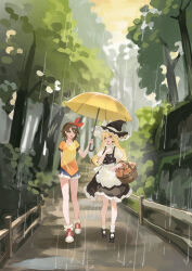 2girls :d absurdres ailu_elf apron basket black_bow black_hat black_shoes black_skirt black_vest blonde_hair blue_shorts bow bra_strap braid brown_hair buttons commentary_request cross-laced_shoes crossover double-breasted fence forest frilled_apron frilled_skirt frills fungi hair_bow hairband hat hat_ribbon highres holding holding_basket holding_umbrella kanzaki_shiori kirisame_ga_furu_mori kirisame_marisa long_hair loose_socks mary_janes multiple_girls nature open_mouth outdoors path puddle puffy_short_sleeves puffy_sleeves rain red_hairband red_shoes ribbon road scenery shared_umbrella shirt shoes short_hair short_shorts short_sleeves shorts side_braid single_braid skirt smile socks touhou tree turtleneck turtleneck_shirt umbrella vest waist_apron walking white_apron white_ribbon white_shirt white_socks wide_shot witch_hat wooden_fence yellow_eyes yellow_shirt yellow_umbrella