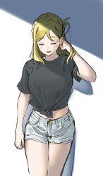 1girl absurdres alternate_costume black_shirt blonde_hair blue_shorts blush braid breasts casual closed_eyes commentary_request cowboy_shot denim denim_shorts dunchy hair_rings hand_in_own_hair highres large_breasts long_hair love_live! love_live!_sunshine!! midriff ohara_mari open_mouth shirt short_shorts short_sleeves shorts simple_background single_hair_ring smile solo standing sweat t-shirt tied_shirt translation_request white_background