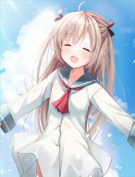 1girl :d ^_^ ahoge atri atri-my_dear_moments- black_ribbon blue_sailor_collar blue_sky blush closed_eyes cloud commentary cowboy_shot crossed_bangs day dress english_commentary facing_viewer hair_between_eyes hair_ribbon happy highres long_hair long_sleeves neckerchief open_mouth outdoors red_neckerchief ribbon sailor_collar sailor_dress sky smile solo standing straight_hair takepoison two_side_up very_long_hair water_drop white_dress