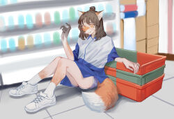 1girl absurdres animal_ears brown_hair claws fox_ears fox_tail hair_bun highres indoors mid-transformation odakojirou on_floor orange_eyes shoes shop shopping_basket socks solo tail white_shoes white_socks