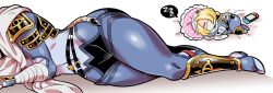 1girl bad_id bad_pixiv_id bandages belt blonde_hair chibi closed_eyes commentary_request curvy doboshiru female_focus fingerless_gloves gloves head_out_of_frame lying nintendo nintendo_switch on_side pillow polka_dot_pillow sheik short_hair simple_background sleeping solo spoken_zzz super_smash_bros. the_legend_of_zelda the_legend_of_zelda:_ocarina_of_time thick_thighs thighs white_background wide_hips zzz