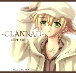 Rule 34 | 00s, 1boy, ato shen, bad id, bad pixiv id, blonde hair, newsboy cap, clannad, clannad after story, green eyes, hat, male focus, shima katsuki, solo, tears, upper body, white background