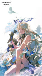 1girl absurdres bare_legs bare_shoulders bird bird_on_hand black_collar black_dress blonde_hair blue_eyes blue_hair closed_mouth collar colored_inner_hair commentary copyright_notice crown_of_thorns dress english_commentary feet_out_of_frame fleurdelys_(wuthering_waves) hand_up highres horns jewelry knee_up legs logo long_hair long_horns multicolored_hair necklace official_art pointy_ears single_horn sitting solo tabard tacet_mark_(wuthering_waves) thighs very_long_hair white_bird white_tabard wuthering_waves yellow_horns