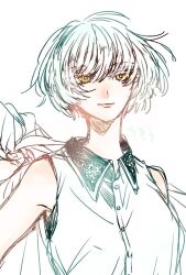 act-age angel angelic bad_tag calm clean momoshiro_chiyoko non-web_source pale_color short_hair simple_background smile solo white_hair yellow_eyes