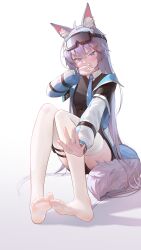 Rule 34 | 1girl, absurdres, animal ear fluff, animal ears, black shorts, blush, commission, feet, goggles, goggles on head, gradient background, grey hair, hair ornament, highres, long hair, looking at viewer, lying, on side, original, shadow, shorts, soles, solo, tail, thighhighs, toes, variant set, very long hair, white thighhighs, zhenli-mari