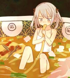 1girl black_ribbon blush camisole collarbone copyright_request eating flat_chest food highres in_bowl in_container in_food noodles ramen ribbon sitting twintails zakone