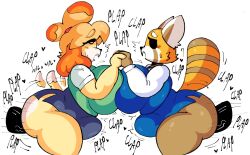 2boys 2girls aggressive_retsuko animal_crossing animal_ears ass breast_press breasts dark-skinned_male dark_skin dog dog_ears english_text furry furry_female furry_with_non-furry highres huge_ass huge_breasts interracial interspecies isabelle_(animal_crossing) lewd_dorky multiple_boys multiple_girls nintendo penis retsuko sex sex_from_behind simple_background speech_bubble surprised veins veiny_penis white_background