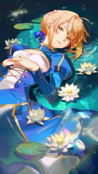 1girl afloat ahoge artoria_pendragon_(fate) blonde_hair blue_dress blue_ribbon braid cherrymaru collared_dress dress fate/stay_night fate_(series) flower green_eyes hair_between_eyes hair_bun hair_ribbon highres in_water juliet_sleeves lake lily_pad long_hair long_sleeves looking_at_viewer lotus own_hands_together parted_lips puffy_sleeves ribbon saber_(fate) sidelocks single_braid solo striped_clothes striped_dress two-tone_dress vertical-striped_clothes vertical-striped_dress water wet white_dress