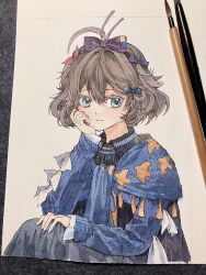 Rule 34 | 1girl, absurdres, ahoge, art tools in frame, bai wuya bu he naicha yo, blue bow, blue dress, blue eyes, blue scarf, bow, brown hair, closed mouth, collared dress, dress, elbow on knee, flutterpage, hair bow, hand on own cheek, hand on own face, hand on own knee, hand up, head rest, highres, looking at viewer, multiple hair bows, paintbrush, painting (medium), photo (medium), purple bow, red bow, reverse:1999, scarf, short hair, smile, solo, traditional media, upper body, watercolor (medium)