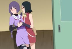 2girls ascot bandaged_leg bandages black_gloves black_hair boruto:_naruto_next_generations braid closed_mouth cowboy_shot dress elbow_gloves female_focus fingerless_gloves glasses gloves highres holding_hands indoors kakei_sumire layered_sleeves long_hair looking_at_another multiple_girls naruto_(series) optimystic pouch purple_dress purple_eyes purple_hair red-framed_eyewear red_dress short_hair single_braid sleeveless sleeveless_dress smile standing uchiha_sarada yellow_ascot