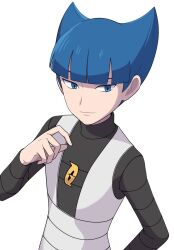 1boy black_shirt blue_eyes blue_hair blunt_bangs closed_mouth grey_vest hand_up highres logo long_sleeves looking_to_the_side male_focus nakikot_t nintendo pokemon pokemon_dppt saturn_(pokemon) shirt short_hair simple_background solo team_galactic team_galactic_uniform upper_body vest white_background
