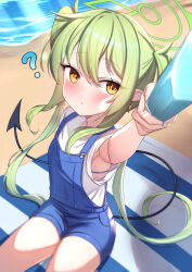 1girl ? arm_up armpits beach bikini bikini_under_clothes blue_archive blue_bikini blue_overalls blush breasts closed_mouth commentary demon_girl demon_tail earrings food green_hair green_halo halo highres holding holding_food holding_popsicle jewelry loli long_hair nozomi_(blue_archive) outdoors overalls pointy_ears popsicle shirt sitting small_breasts solo sweat swimsuit symbol-only_commentary tail twintails uneg very_long_hair watermark web_address white_shirt yellow_eyes