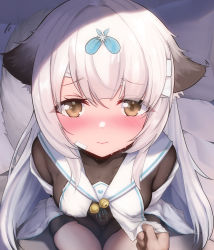 Rule 34 | 1girl, :&gt;, absurdres, animal ears, armpit crease, azur lane, bandaged head, bandages, between legs, blush, bodysuit, breast curtain lift, breast curtains, closed mouth, collarbone, commentary request, covered erect nipples, covered navel, dutch angle, from above, hand between legs, highres, legs together, long hair, looking at viewer, miyuki (azur lane), on bed, rodriguez (kamwing), sailor collar, sidelocks, sitting, smile, solo focus, sweat, tail, thighs, very long hair, white hair, yellow eyes