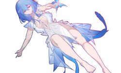 Rule 34 | 1girl, absurdres, bare legs, bare shoulders, blue butterfly, blue hair, breasts, bug, butterfly, closed mouth, colored eyelashes, dress, feet, from above, hair between eyes, highres, insect, large breasts, legs, long hair, looking at viewer, lying, no veil, on back, purple eyes, qiangwei796, shorekeeper (wuthering waves), simple background, sleeveless, sleeveless dress, solo, toes, white background, white dress, wuthering waves