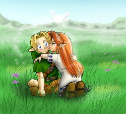 1boy aged_down blush couple field flower kiss link long_hair malon navi nintendo orange_hair sarah_quillian skirt surprised the_legend_of_zelda the_legend_of_zelda:_ocarina_of_time tunic