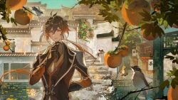 1boy 1other absurdres arm_behind_back bird black_gloves brown_eyes brown_hair brown_jacket brown_shirt brown_vest buttons chinese_commentary chinese_text collared_shirt commentary_request day earrings eyeshadow floating_hair food fruit gem genshin_impact gloves guoba_(genshin_impact) hair_between_eyes hand_on_another&#039;s_chin highres jacket jewelry lapels long_hair long_sleeves low_ponytail makeup male_focus mandarin_orange necktie open_clothes open_jacket orange_gemstone orange_tree panda parted_lips ponytail quzhongrensan06450 red_eyeshadow shirt sidelocks single_earring solo tassel tassel_earrings upper_body very_long_hair vest white_necktie wing_collar zhongli_(genshin_impact)