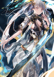Rule 34 | 1girl, absurdres, black collar, black dress, blue bow, bow, breasts, bright pupils, chinese commentary, chromatic aberration, cleavage, closed mouth, coat, collar, commentary request, cowboy shot, dragon, dress, eastern dragon, floating, floating object, floating sword, floating weapon, hair bow, hand up, highres, jinhsi (wuthering waves), jue (wuthering waves), long hair, looking at viewer, medium breasts, milbi, mole, mole on cheek, sword, thighs, two side up, very long hair, weapon, white coat, white eyes, white hair, white pupils, wuthering waves