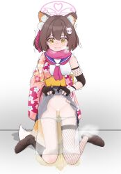 1girl absurdres animal_ears blue_archive blush boots breasts brown_hair cat_ears censored clothes_lift drooling female_focus fox_tail highres izuna_(blue_archive) japanese_clothes legs lmc_(pivix) open_mouth panties panties_around_leg pee pee_stain peeing pussy short_hair simple_background skirt skirt_lift small_breasts solo stain sweat tail tears tongue towel trembling underwear wet wet_clothes wet_panties wet_towel white_background white_panties yellow_eyes