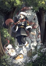 1girl akari_(pokemon) black_hair closed_mouth creatures_(company) eyelashes galaxy_expedition_team_survey_corps_uniform game_freak grey_eyes hat headscarf highres hisuian_poke_ball hisuian_zoroark hisuian_zorua holding holding_poke_ball jacket kuchiba_(jret2454) long_hair nintendo outdoors pantyhose poke_ball pokemon pokemon_(creature) pokemon_legends:_arceus ponytail red_scarf sash scarf shirt sidelocks white_headscarf