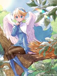 1girl angel_wings artist_name blonde_hair blue_boots blue_eyes boots breasts breath_of_fire breath_of_fire_iv cloud dress earrings feathered_wings feet_out_of_frame hairband hamamuraacca highres jewelry knee_boots medium_breasts nest nina_(breath_of_fire_iv) pantyhose short_hair solo twitter twitter_logo twitter_username very_short_hair white_wings wings