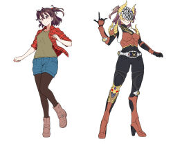 2girls armor belt black_bodysuit blue_shorts bodysuit boots brown_armor brown_boots brown_eyes brown_hair brown_pantyhose closed_mouth commentary dual_persona eidenjyou1997 eye_mask fake_horns full_body fur-trimmed_armor fur_trim genderswap genderswap_(mtf) green_shirt hair_bobbles hair_ornament high_heel_boots high_heels horned_headwear horns jacket kamen_rider kamen_rider_imperer kamen_rider_ryuki_(series) knee_boots looking_at_viewer medium_hair multiple_girls open_clothes open_jacket pantyhose pantyhose_under_shorts plaid_clothes plaid_jacket rider-tan rider_belt sano_mitsuru_(kamen_rider) shirt short_twintails shorts simple_background smile standing standing_on_one_leg twintails v_buckle white_background
