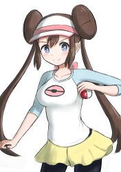 1girl ahoge alternate_breast_size arm_at_side blue_eyes breasts brown_hair clenched_hands collarbone donut_hair_bun double_bun female_focus frilled_shorts frills hair_bun hand_up highres holding holding_poke_ball leggings leggings_under_shorts light_blush long_hair long_twintails looking_at_viewer medium_breasts neck poke_ball poke_ball_print pokemon pokemon_bw2 print_shirt rosa_(pokemon) shirt short_shorts shorts sidelocks simple_background smile standing three-quarter_sleeves twintails v-shaped_eyebrows very_long_hair visor_cap white_background