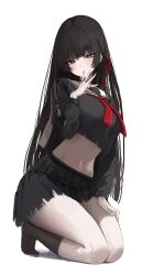 1girl absurdres arm_cutout black_hair black_shirt black_skirt black_socks breasts bright_pupils chisa_(wuthering_waves) commentary hair_ribbon hand_up highres kneeling laneigu large_breasts long_hair looking_at_viewer mole mole_under_eye navel neckerchief no_shoes parted_lips red_eyes red_neckerchief red_ribbon ribbon sailor_collar shirt simple_background skirt socks solo stomach thighs very_long_hair white_background white_pupils white_sailor_collar wuthering_waves