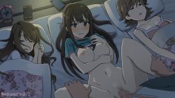 3girls alarm_clock animated animated_gif blush bottomless bouncing_breasts breasts brown_hair cellphone censored clock clothes_lift green_eyes hand_on_leg hetero honda_mio idolmaster idolmaster_cinderella_girls long_hair lying medium_breasts mosaic_censoring multiple_girls navel nipples on_back penis phone pillow pubic_hair pussy saliva sex shibuya_rin shimamura_uzuki shirt_lift short_hair sleeping spread_legs stealth_sex tank_top vaginal wakamatsu372