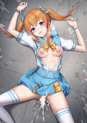 1girl absurdres after_vaginal aftersex blue_eyes blue_skirt breasts character_request commentary_request commission copyright_request cum cum_in_pussy cum_on_body cum_on_breasts cum_on_hair cum_on_stomach cum_on_upper_body cumdrip henria highres inverted_nipples looking_at_viewer lying medium_breasts nipples on_back orange_hair school_uniform serafuku shirt skeb_commission skirt solo thighhighs tile_floor tiles twintails virtual_youtuber white_shirt white_thighhighs