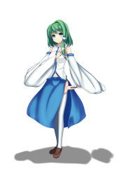 1girl bare_shoulders blue_eyes bow deformed female_focus gohei green_hair hair_bow haraegushi kochiya_sanae navel oonusa ponkotsu_(ayarosu) solo thighhighs touhou white_background white_thighhighs