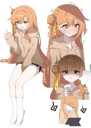 Rule 34 | 1girl, absurdres, black survival, blush, crying, eternal return: black survival, hagoonha, hair bun, highres, long hair, multiple views, open mouth, orange eyes, orange hair, shaded face, socks, tia (black survival), upper body, white socks