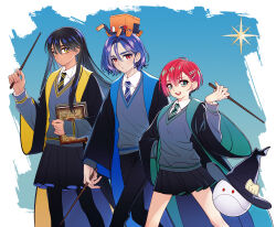 1boy 2girls absurdres amate_yuzuriha aqua_eyes black_hair black_hat blue_background blue_hair book chinese_commentary collared_shirt commentary_request conch_(gundam) cosplay dark-skinned_female dark_skin feet_out_of_frame gradient_background gundam gundam_gquuuuuux hair_ornament hairclip hand_in_pocket haro harry_potter_(series) hat highres hogwarts_school_uniform holding holding_book holding_wand hufflepuff long_hair long_sleeves looking_at_viewer multiple_girls necktie noelsion non-humanoid_robot nyaan_(gundam_gquuuuuux) open_mouth pants pantyhose parody ravenclaw red_eyes red_hair robe robot school_uniform shirt short_hair shuji_ito skirt slytherin smile sweater wand witch_hat wizarding_world yellow_eyes
