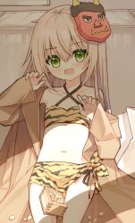 1girl animal_print bare_shoulders beans black_panties blush brown_coat coat collarbone criss-cross_halter green_eyes hair_between_eyes halterneck light_brown_hair long_hair long_sleeves looking_at_viewer mask mask_on_head masu navel off_shoulder oni_mask open_clothes open_coat original panties setsubun side-tie_panties sleeves_past_wrists solo tiger_print underwear waka_(yuuhagi_(amaretto-no-natsu)) yuuhagi_(amaretto-no-natsu)